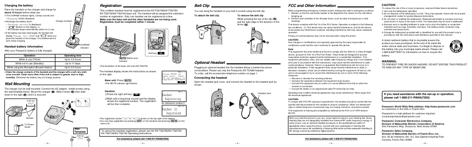 Handset registering, Handset [2] registered registration, Belt clip | Optional headset, Fcc and other information, Wall mounting | Panasonic KX-TGA270S User Manual | Page 5 / 10