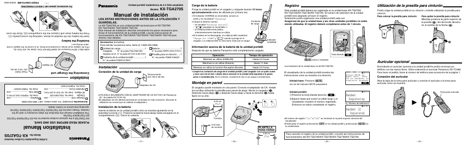 Installation manual, Manual de instalación, Installation | Kx-tga270s, Montaje en pared, Handset registering, Handset [2] registered, Utilización de la presilla para cinturón, Auricular opcional, Instalación | Panasonic KX-TGA270S User Manual | Page 9 / 10