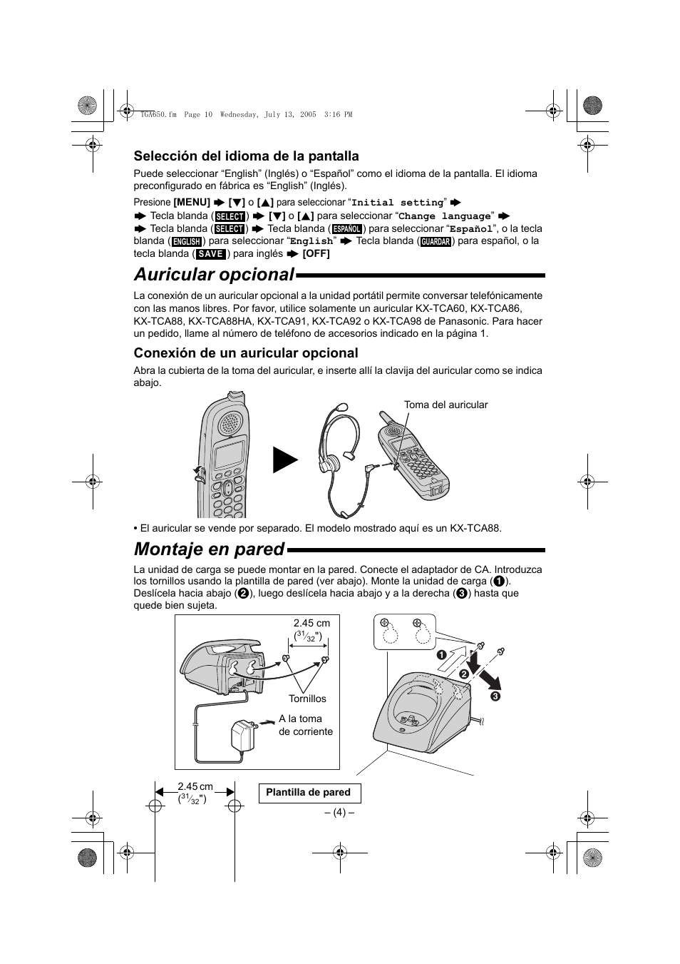Auricular opcional, Montaje en pared, Selección del idioma de la pantalla | Conexión de un auricular opcional | Panasonic KX-TGA650B User Manual | Page 10 / 12