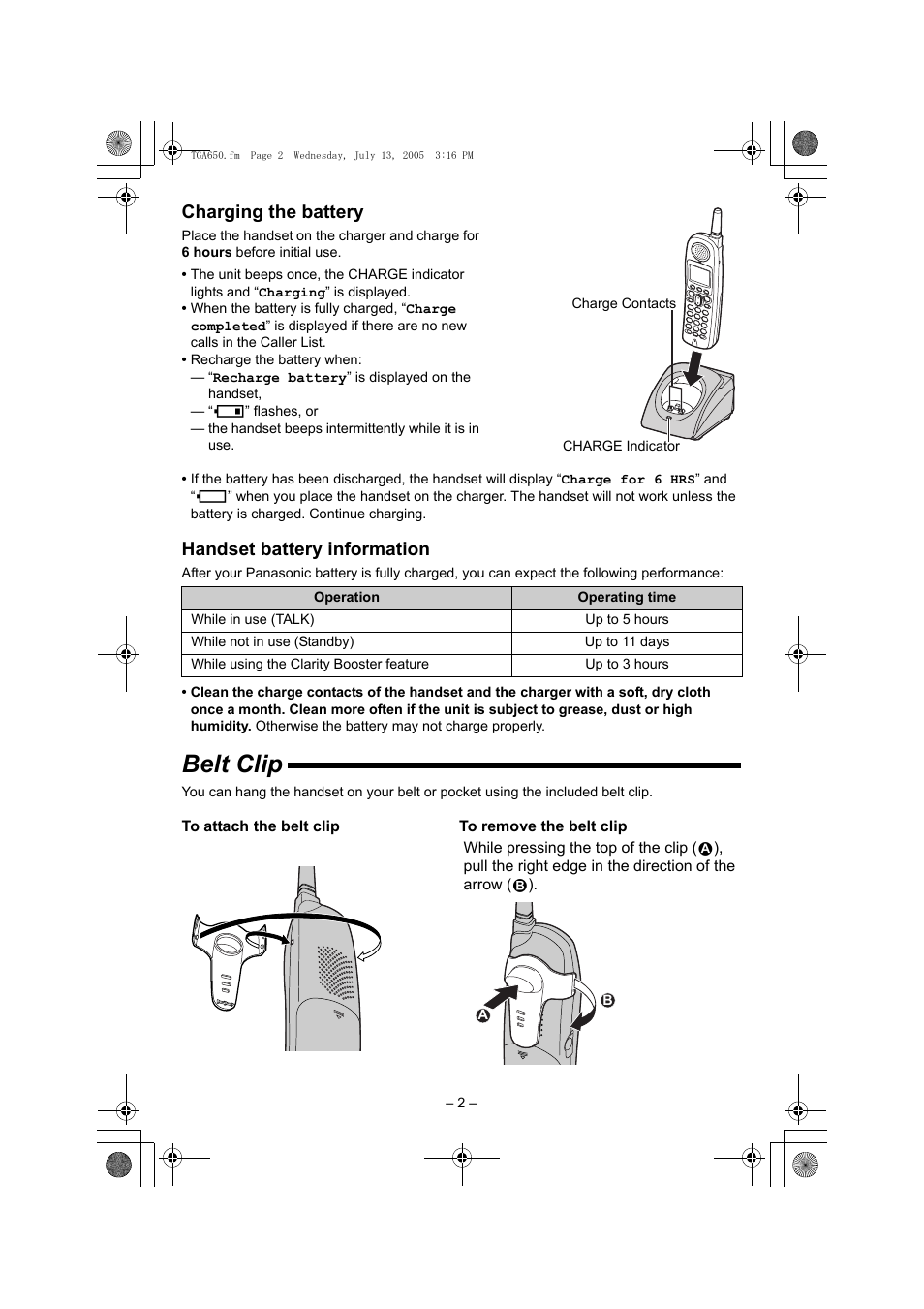 Belt clip, Charging the battery, Handset battery information | Panasonic KX-TGA650B User Manual | Page 2 / 12