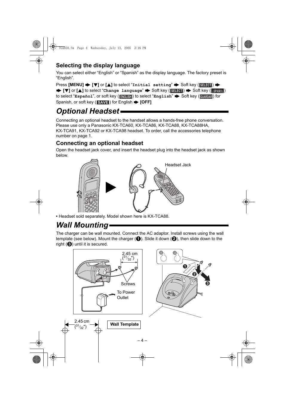 Optional headset, Wall mounting, Selecting the display language | Connecting an optional headset | Panasonic KX-TGA650B User Manual | Page 4 / 12