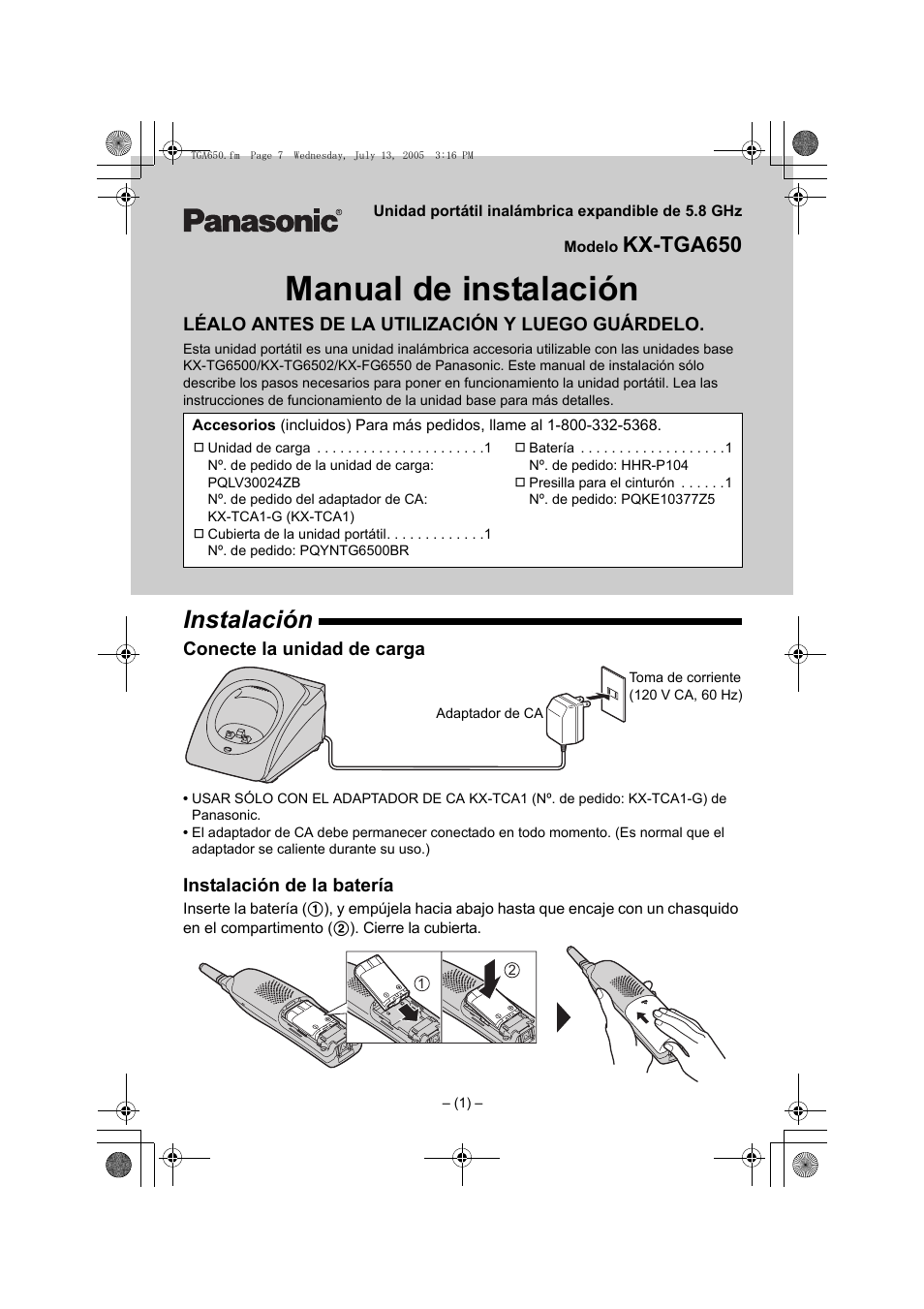 Manual de instalación, Instalación, Kx-tga650 | Panasonic KX-TGA650B User Manual | Page 7 / 12