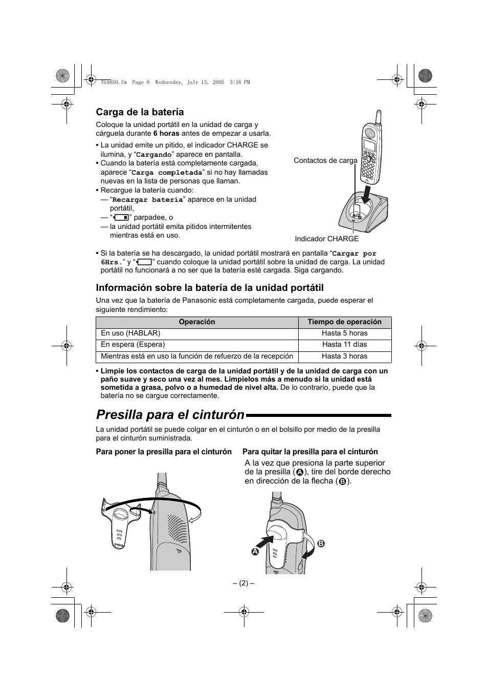 Presilla para el cinturón, Carga de la batería, Información sobre la batería de la unidad portátil | Panasonic KX-TGA650B User Manual | Page 8 / 12