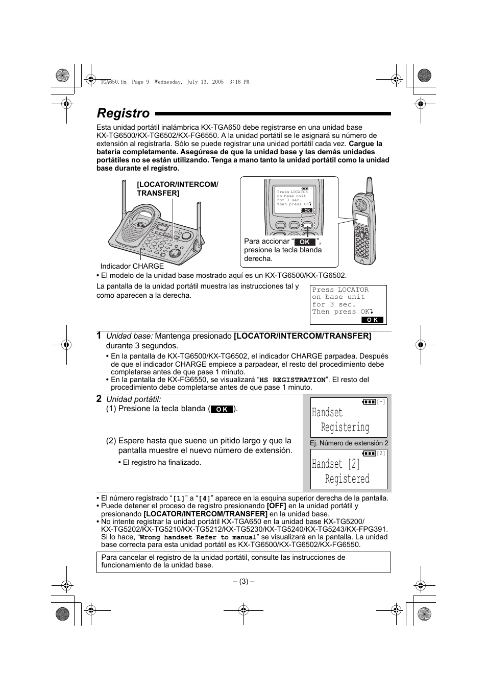 Handset registering, Handset [2] registered, Registro | Panasonic KX-TGA650B User Manual | Page 9 / 12