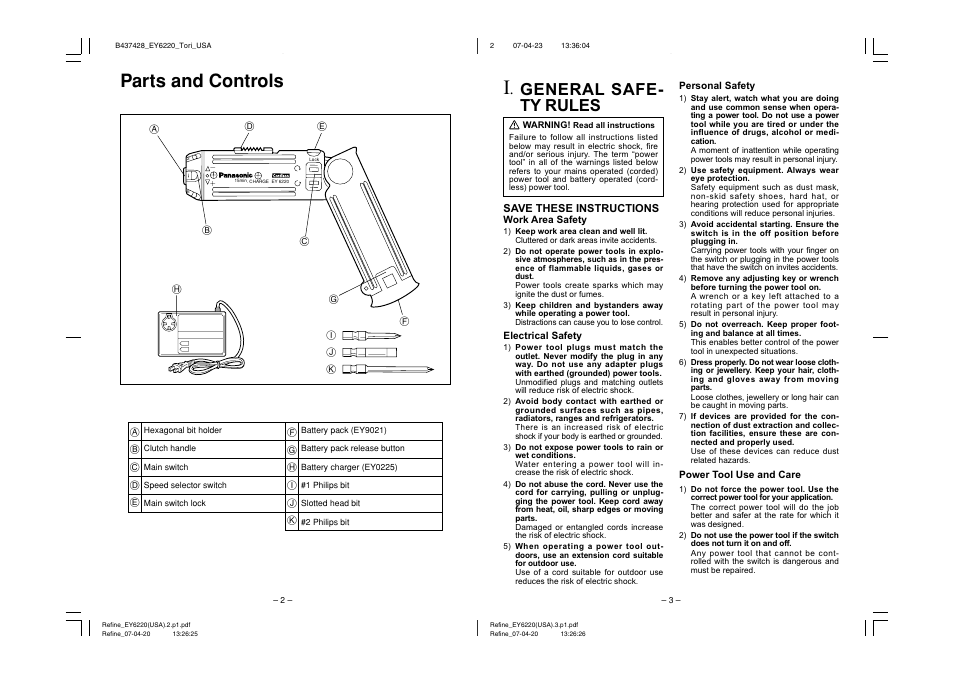 Parts and controls, General safe- ty rules | Panasonic EY6220N User Manual | Page 2 / 6