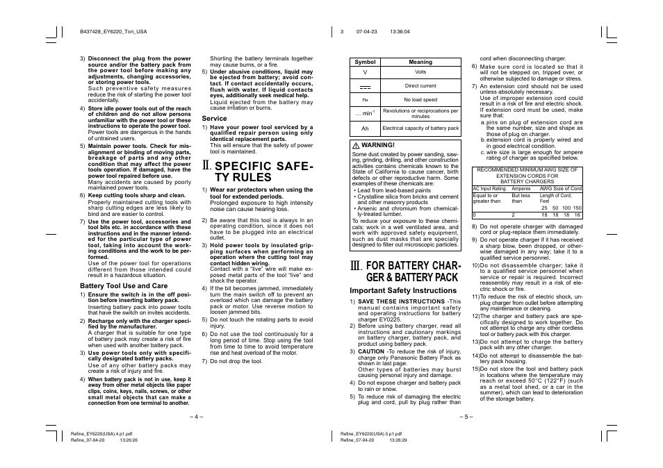 Specific safe- ty rules, For battery char- ger & battery pack | Panasonic EY6220N User Manual | Page 3 / 6