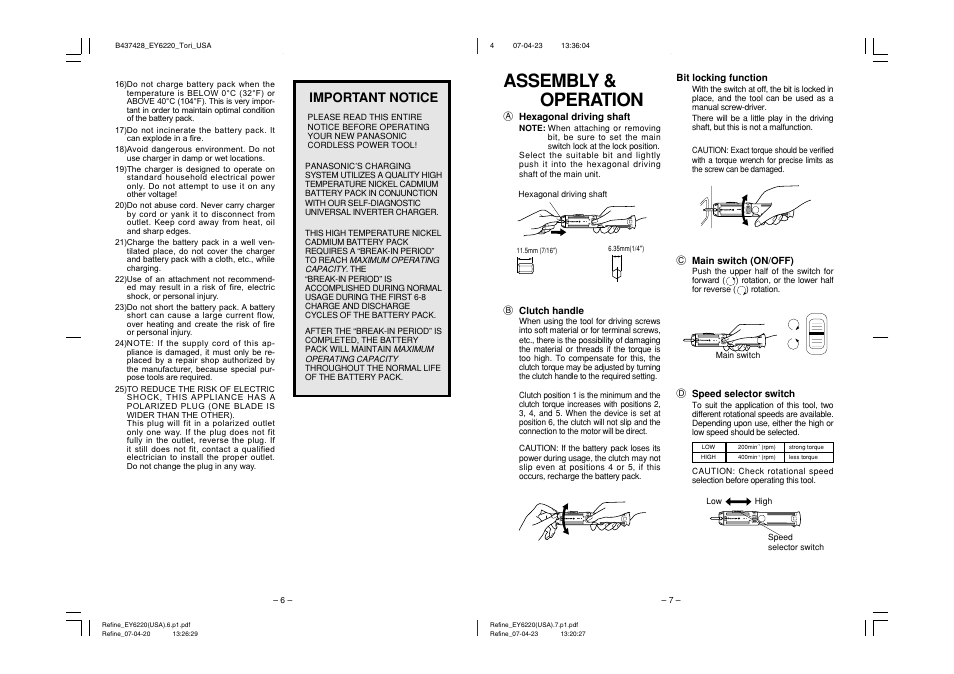 Assembly & operation, Lock, Important notice | Panasonic EY6220N User Manual | Page 4 / 6