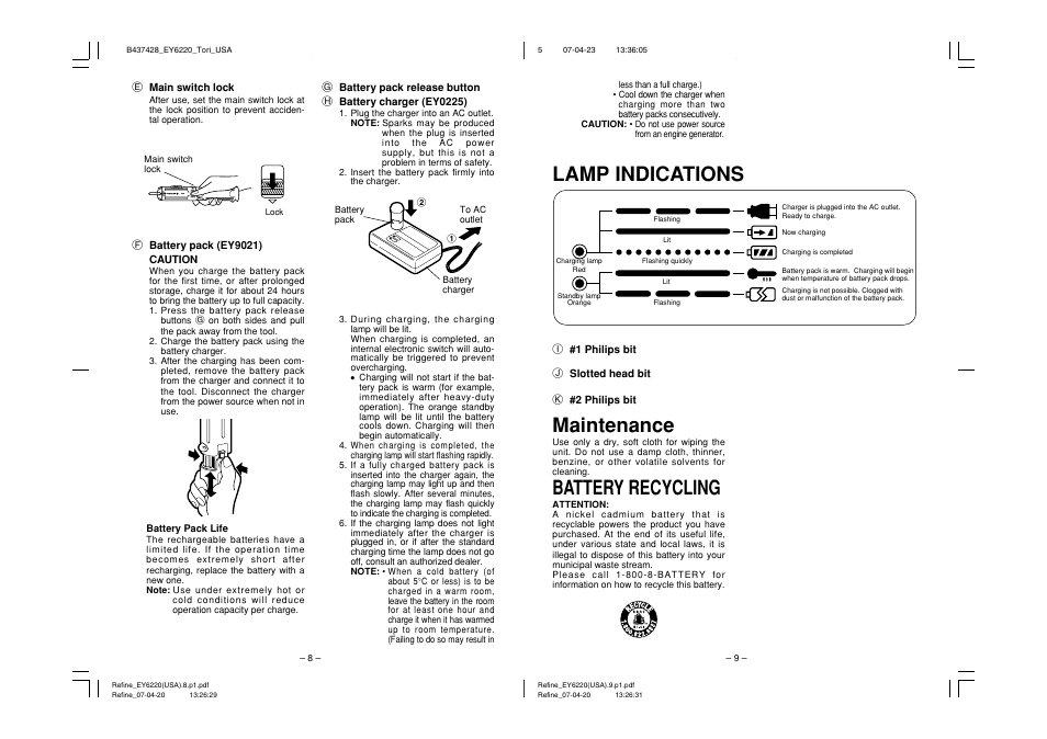 Maintenance, Battery recycling, Lamp indications | Lock | Panasonic EY6220N User Manual | Page 5 / 6