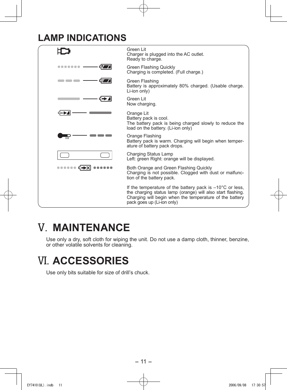 Maintenance, Accessories, Lamp indications | Panasonic EY7410LA1C User Manual | Page 11 / 36