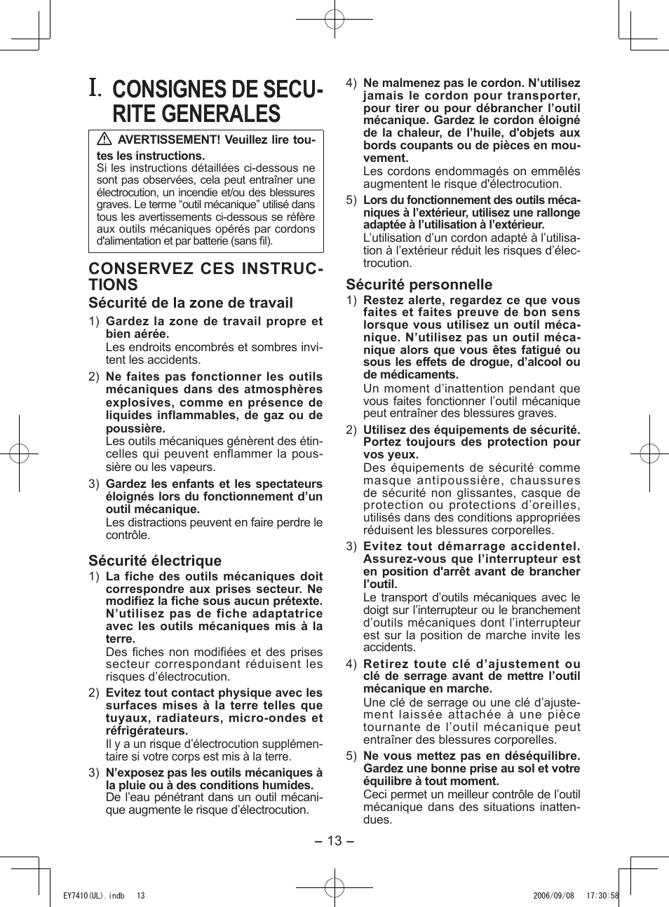 Consignes de secu­ rite generales, Conservez ces instruc­ tions | Panasonic EY7410LA1C User Manual | Page 13 / 36