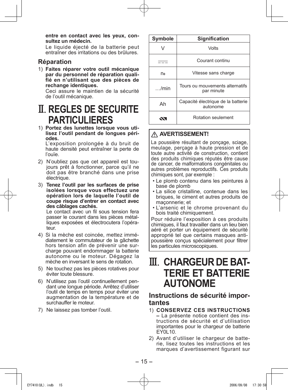 Regles de securite particulieres, Chargeur de bat­ terie et batterie autonome, Instructions de sécurité impor­ tantes | Panasonic EY7410LA1C User Manual | Page 15 / 36