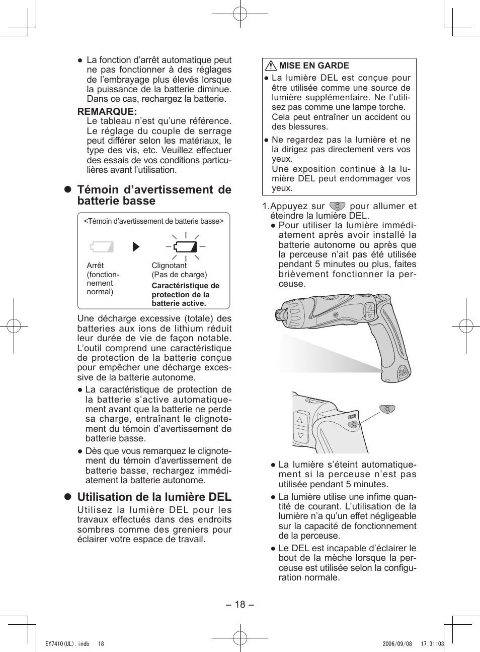 Témoin d’avertissement de batterie basse, Utilisation de la lumière del | Panasonic EY7410LA1C User Manual | Page 18 / 36
