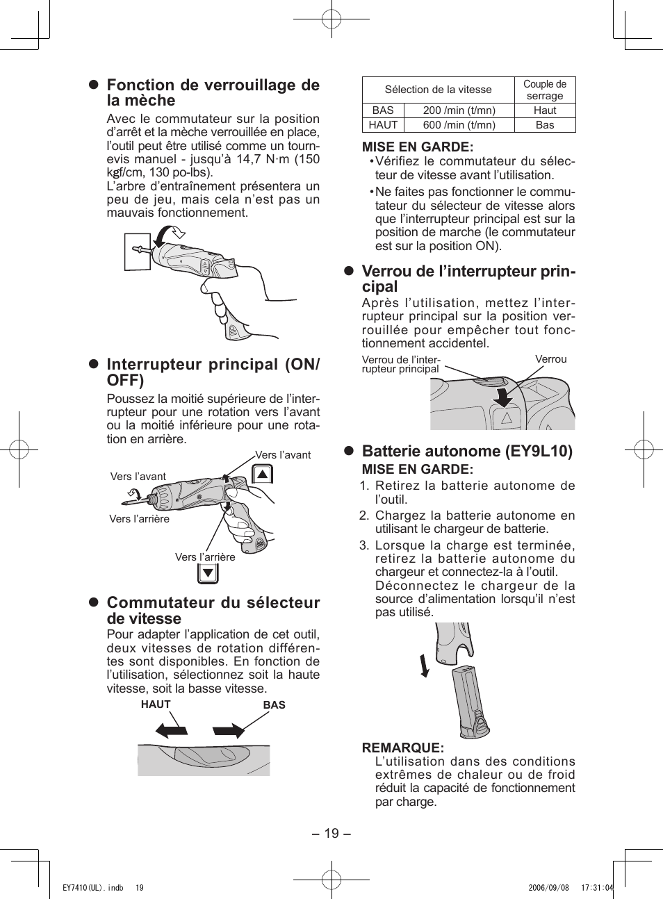 Fonction de verrouillage de la mèche, Interrupteur principal (on/ off), Commutateur du sélecteur de vitesse | Verrou de l’interrupteur prin­ cipal, Batterie autonome (ey9l10) | Panasonic EY7410LA1C User Manual | Page 19 / 36