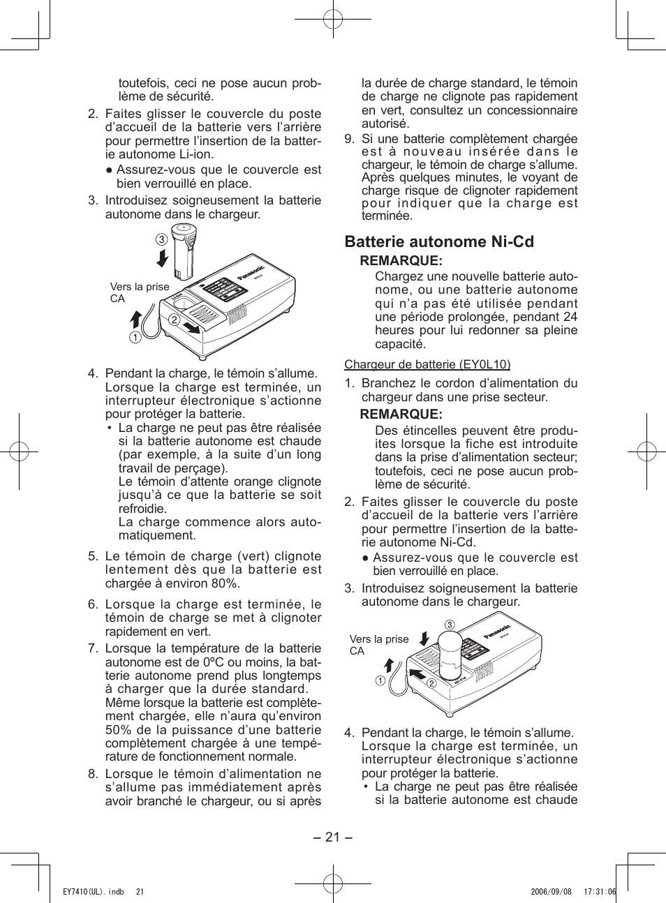 Batterie autonome ni­cd | Panasonic EY7410LA1C User Manual | Page 21 / 36