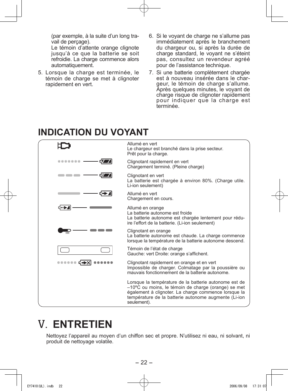 Entretien, Indication du voyant | Panasonic EY7410LA1C User Manual | Page 22 / 36