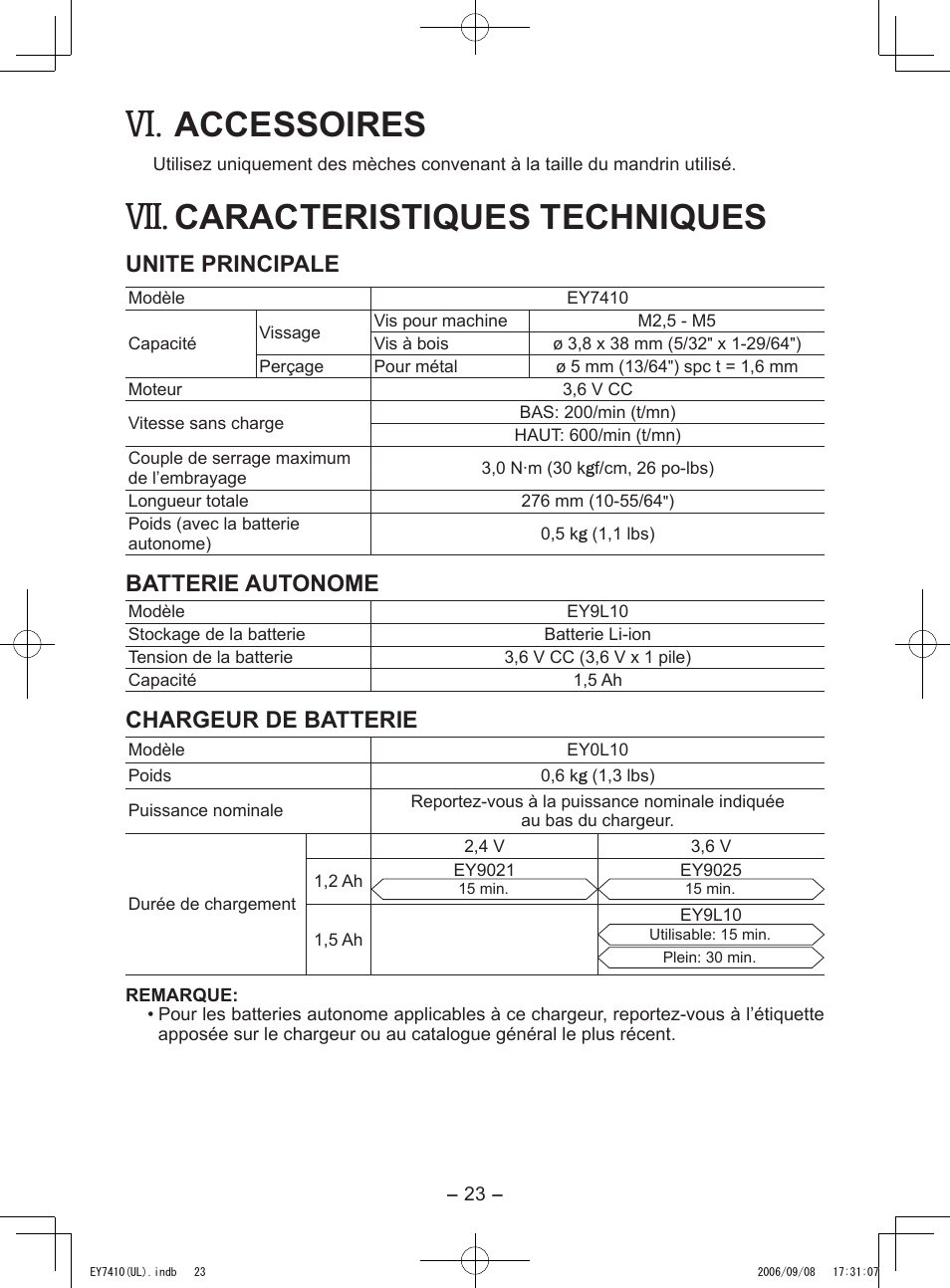 Accessoires, Caracteristiques techniques, Unite principale | Batterie autonome, Chargeur de batterie | Panasonic EY7410LA1C User Manual | Page 23 / 36