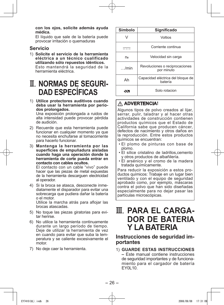 Normas de seguri­ dad específicas, Para el carga­ dor de bateria y la bateria, Instrucciones de seguridad im­ portantes | Panasonic EY7410LA1C User Manual | Page 26 / 36