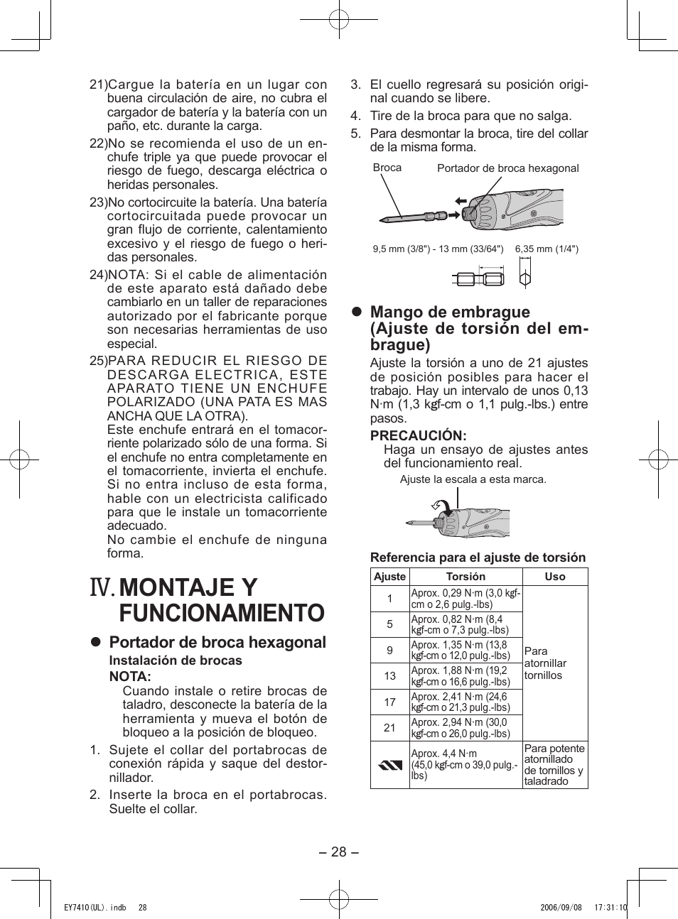 Montaje y funcionamiento, Portador de broca hexagonal | Panasonic EY7410LA1C User Manual | Page 28 / 36