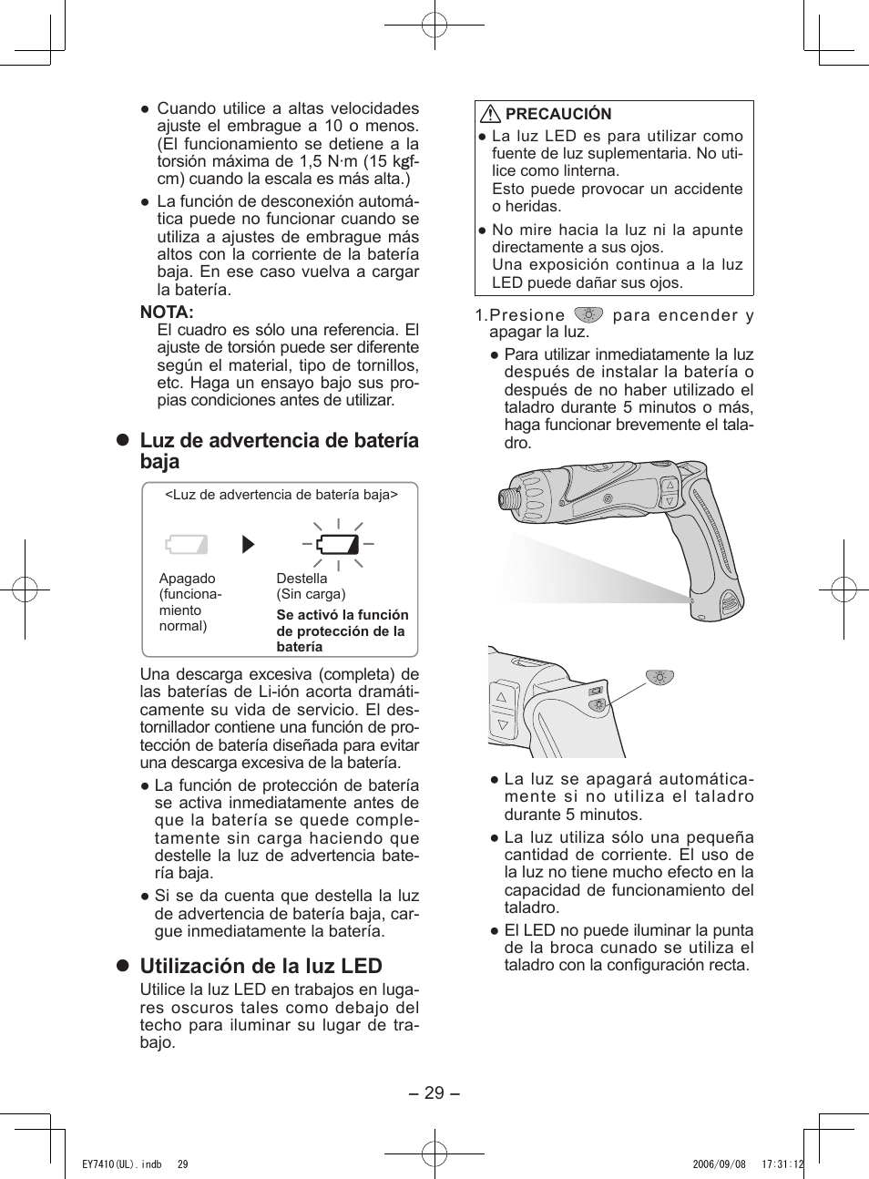 Luz de advertencia de batería baja, Utilización de la luz led | Panasonic EY7410LA1C User Manual | Page 29 / 36