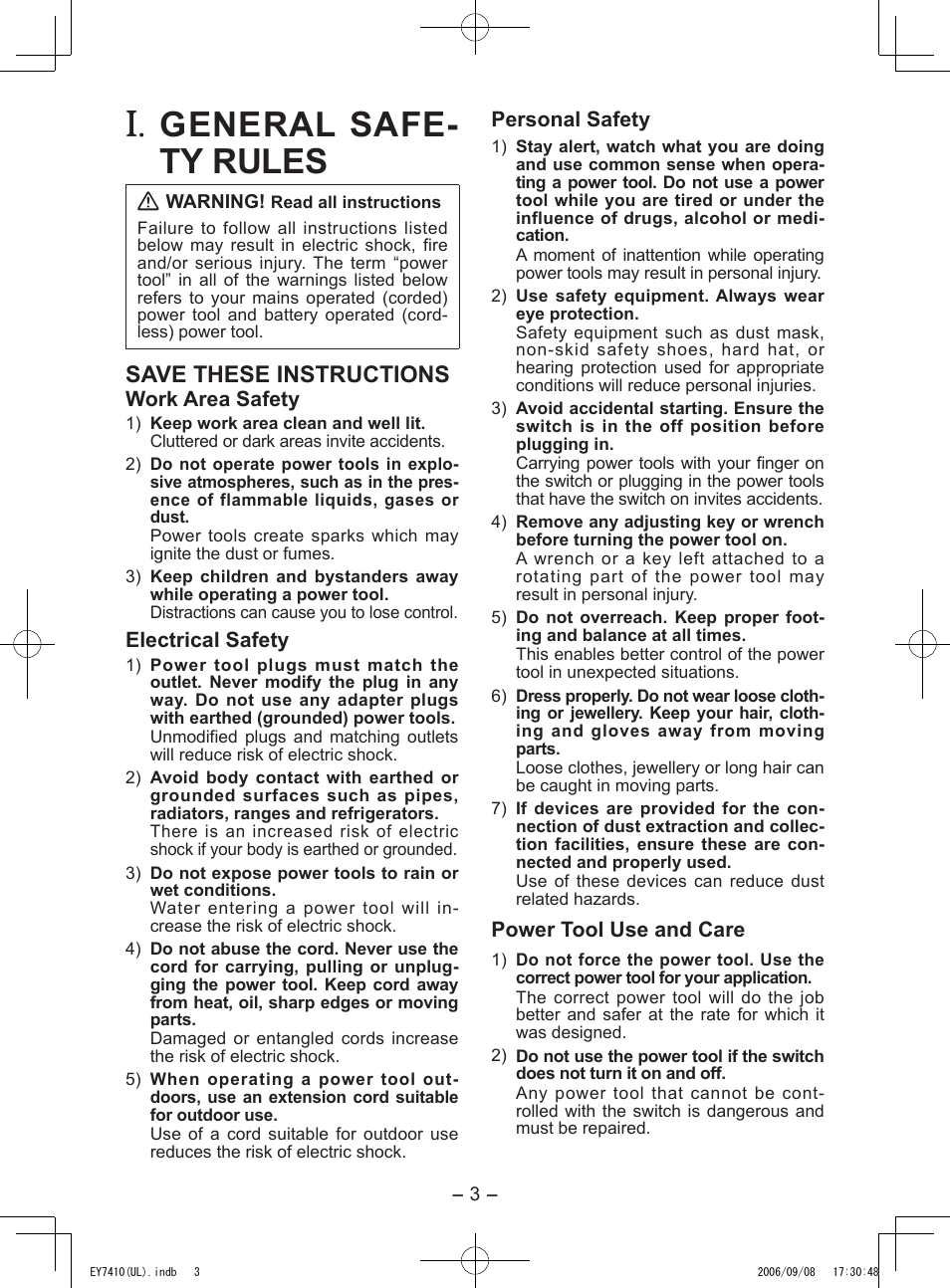 General safe­ ty rules, Save these instructions | Panasonic EY7410LA1C User Manual | Page 3 / 36