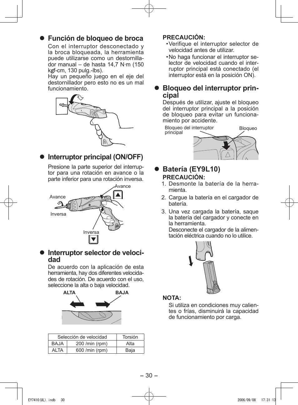 Función de bloqueo de broca, Interruptor principal (on/off), Interruptor selector de veloci­ dad | Bloqueo del interruptor prin­ cipal, Batería (ey9l10) | Panasonic EY7410LA1C User Manual | Page 30 / 36