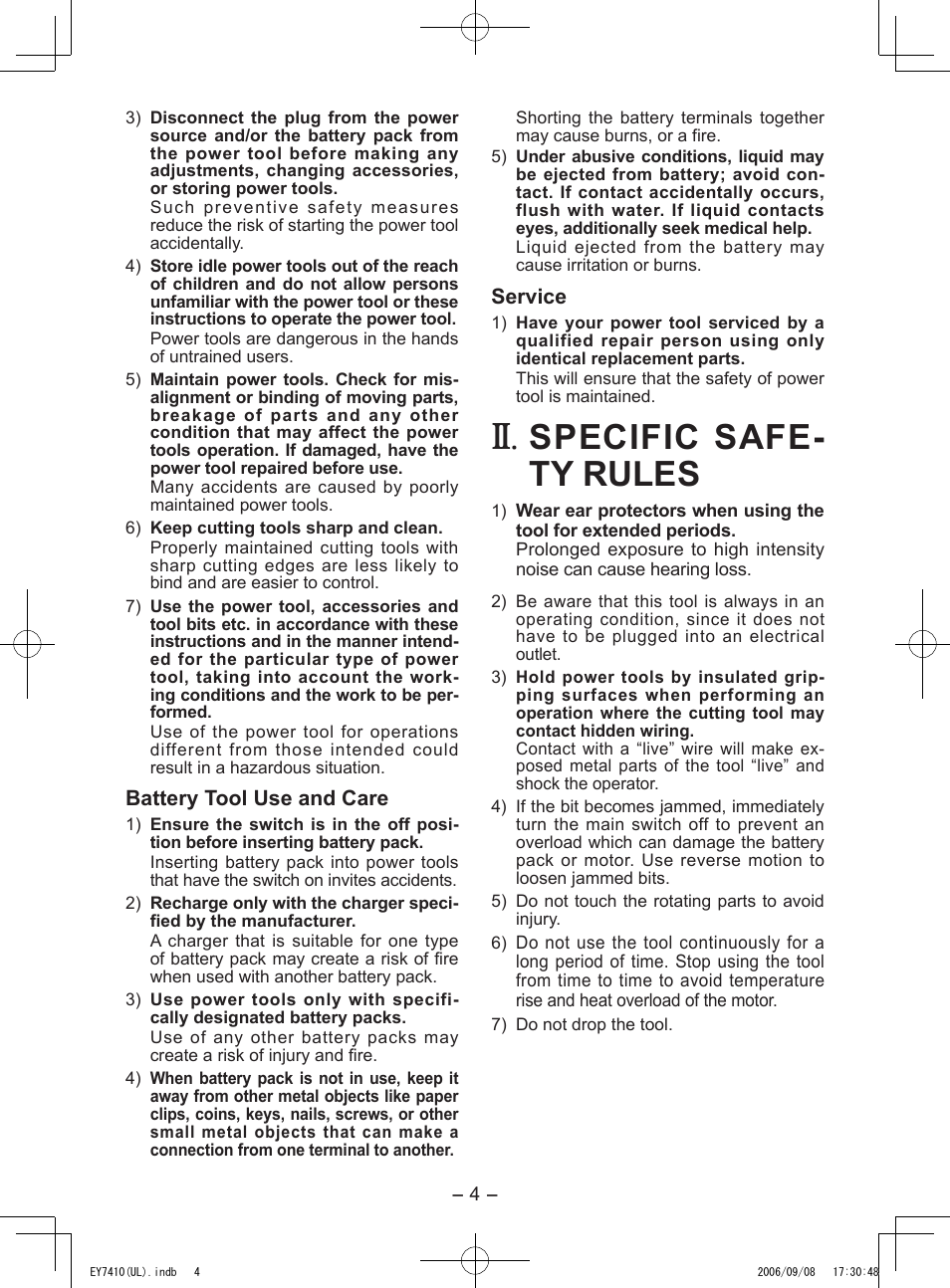 Specific safe­ ty rules | Panasonic EY7410LA1C User Manual | Page 4 / 36