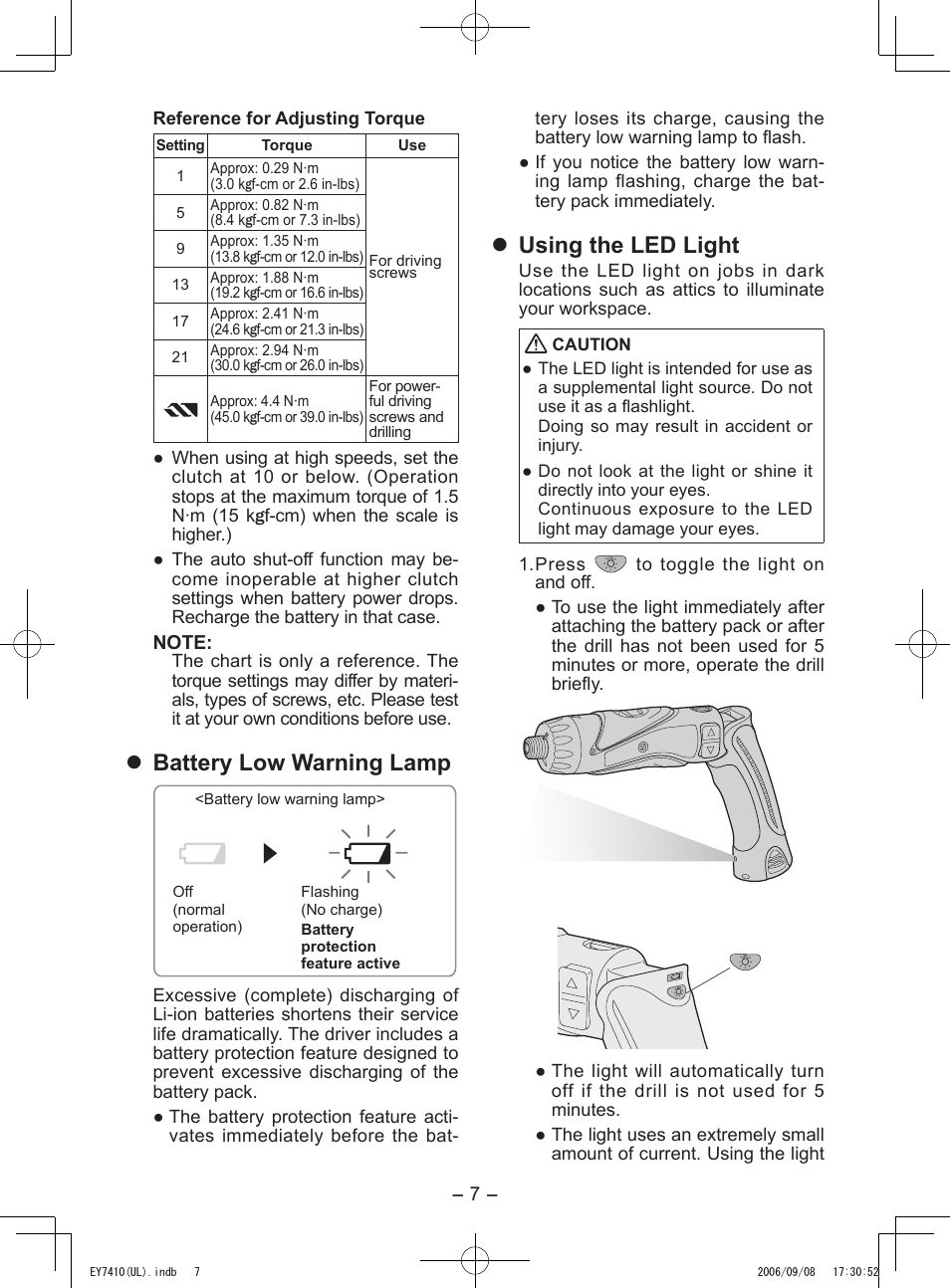 Battery low warning lamp, Using the led light | Panasonic EY7410LA1C User Manual | Page 7 / 36