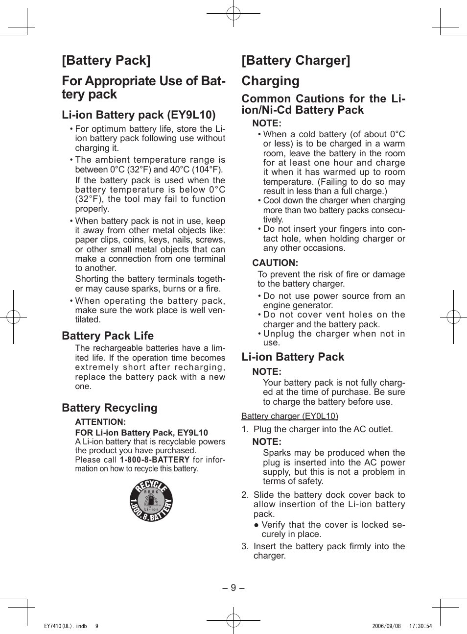 Battery charger] charging, Li­ion battery pack (ey9l10), Battery pack life | Battery recycling, Common cautions for the li­ ion/ni­cd battery pack, Li­ion battery pack | Panasonic EY7410LA1C User Manual | Page 9 / 36
