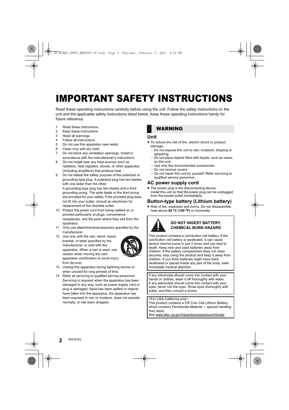 Important safety instructions | Panasonic SC-HTB65 User Manual | Page 2 / 28