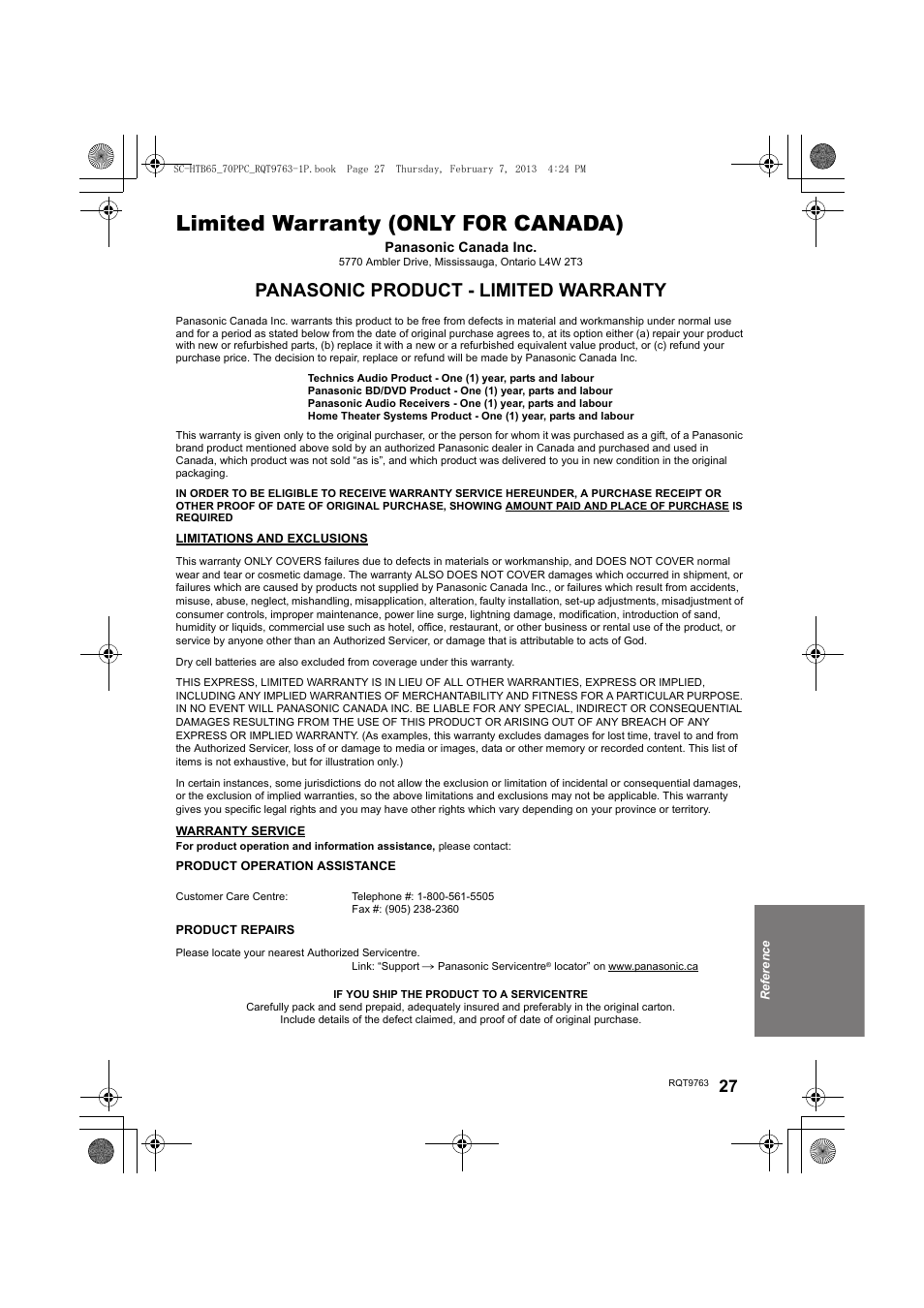 Limited warranty (only for canada), Panasonic product - limited warranty | Panasonic SC-HTB65 User Manual | Page 27 / 28