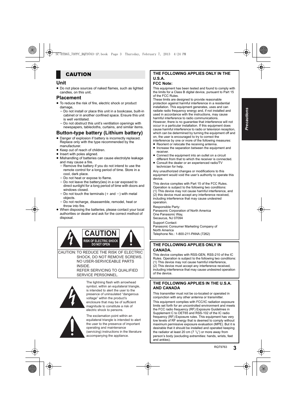 Unit, Placement, Button-type battery (lithium battery) | Caution | Panasonic SC-HTB65 User Manual | Page 3 / 28
