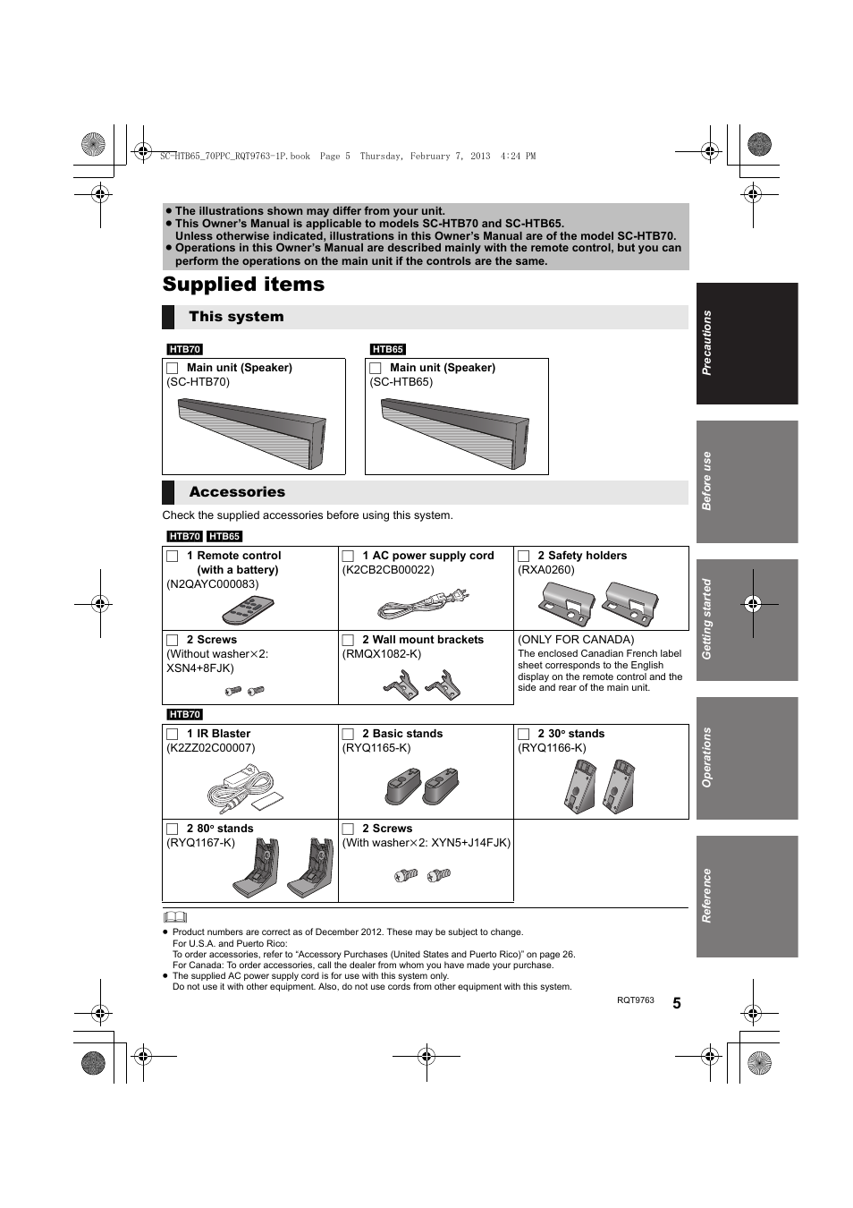Supplied items | Panasonic SC-HTB65 User Manual | Page 5 / 28