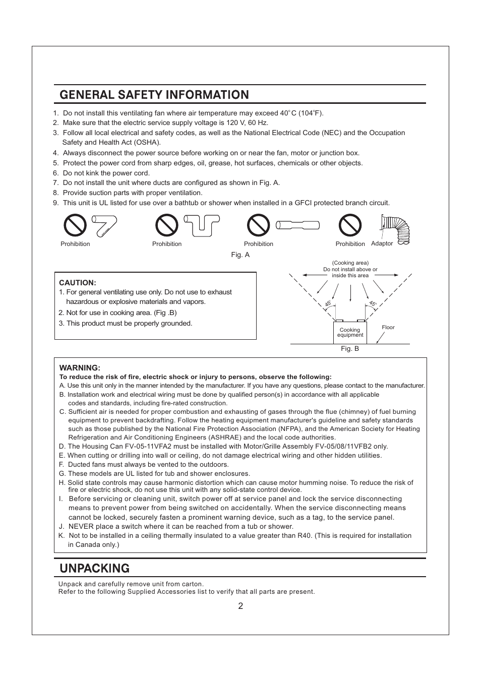 Unpacking, General safety information | Panasonic FV-08VF2 User Manual | Page 2 / 11