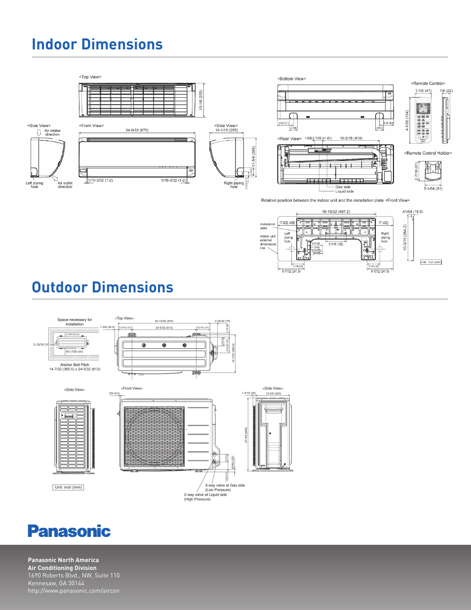 Indoor dimensions outdoor dimensions | Panasonic CS-XE9PKUA User Manual | Page 2 / 2