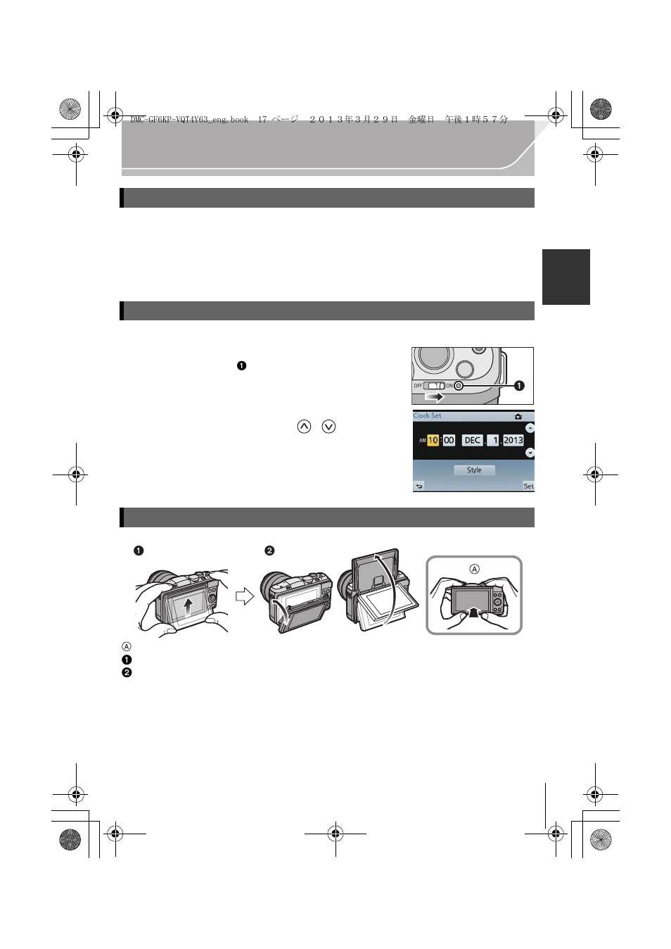 Formatting the card (initialization), Setting date/time (clock set), Adjusting the monitor angle | Panasonic DMC-GF6KK User Manual | Page 17 / 52