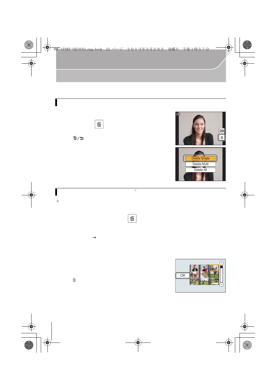 Deleting pictures | Panasonic DMC-GF6KK User Manual | Page 22 / 52