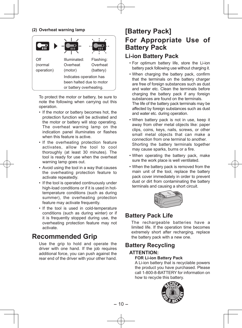 Recommended grip, Battery pack] for appropriate use of bat tery pack, Li-ion battery pack | Battery pack life, Battery recycling | Panasonic EY7552X User Manual | Page 10 / 48