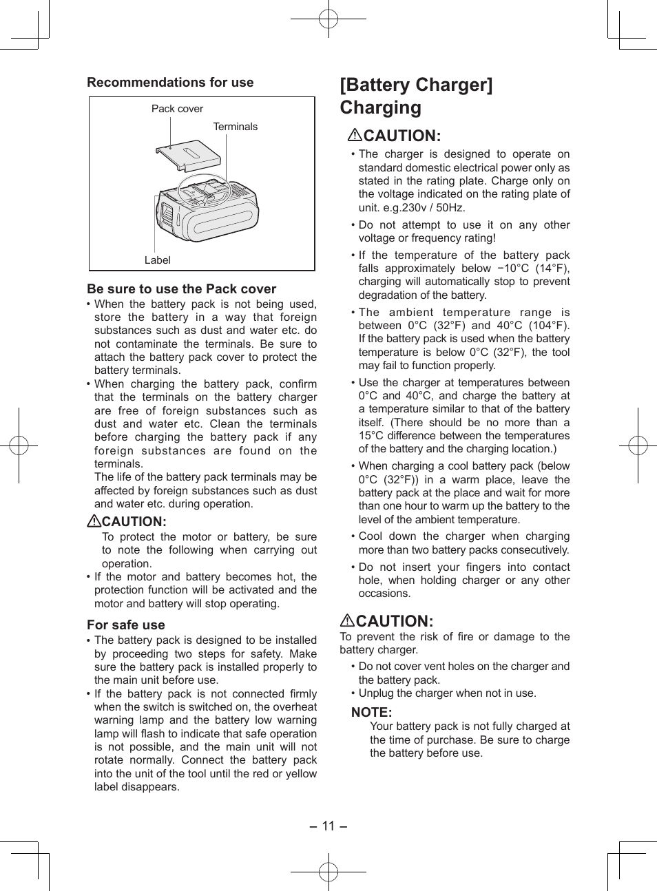 Battery charger] charging, Recommendations for use, Be sure to use the pack cover | Caution, For safe use | Panasonic EY7552X User Manual | Page 11 / 48