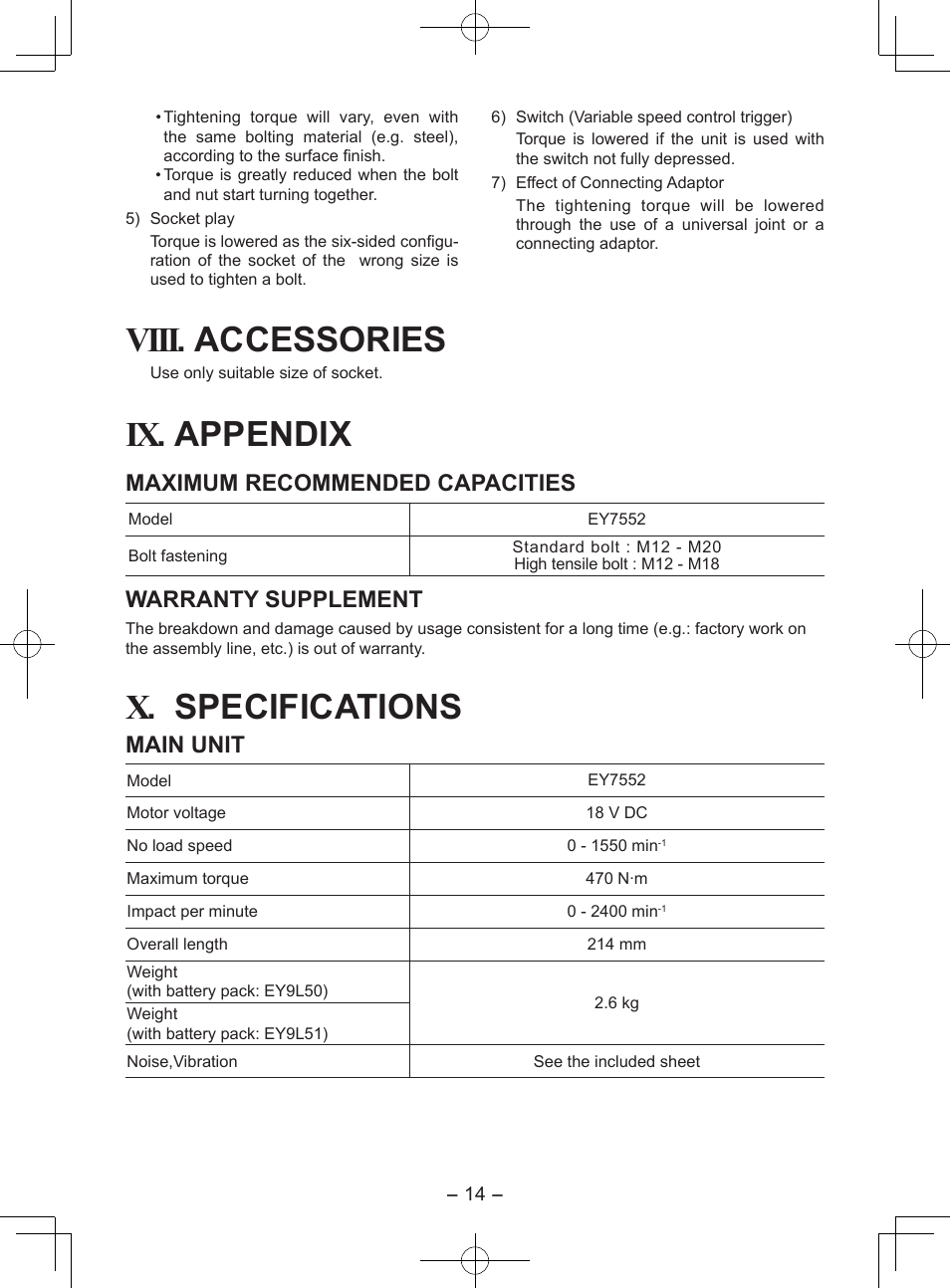Viii. accessories, Ix. appendix, X. specifications | Maximum recommended capacities, Warranty supplement, Main unit | Panasonic EY7552X User Manual | Page 14 / 48