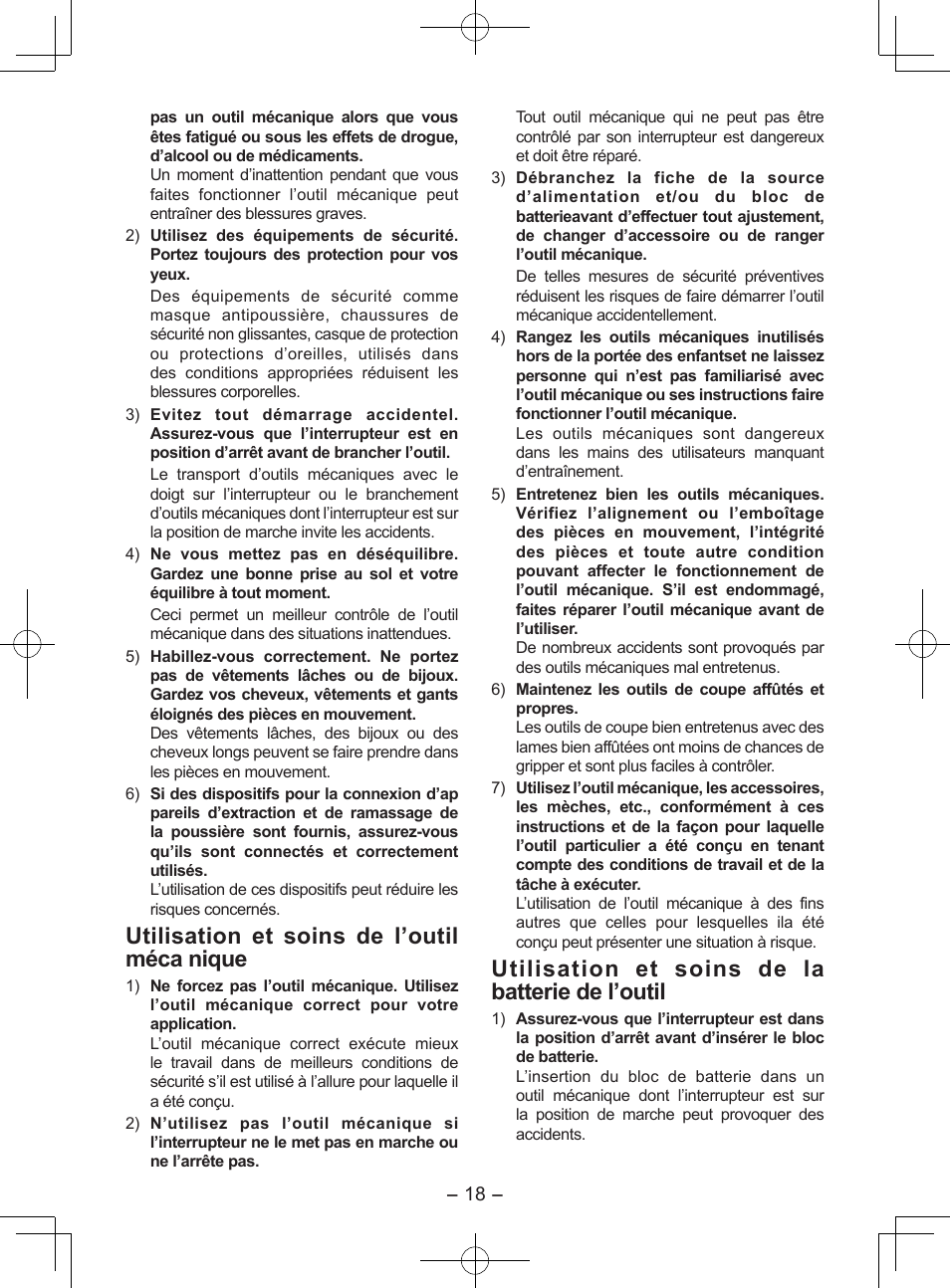 Utilisation et soins de l’outil méca nique, Utilisation et soins de la batterie de l’outil | Panasonic EY7552X User Manual | Page 18 / 48