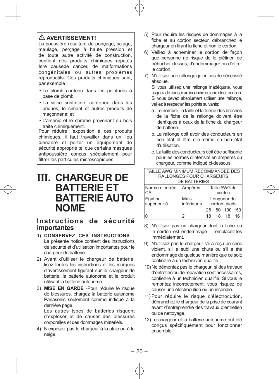 Iii. chargeur de batterie et batterie auto nome, Instructions de sécurité importantes | Panasonic EY7552X User Manual | Page 20 / 48