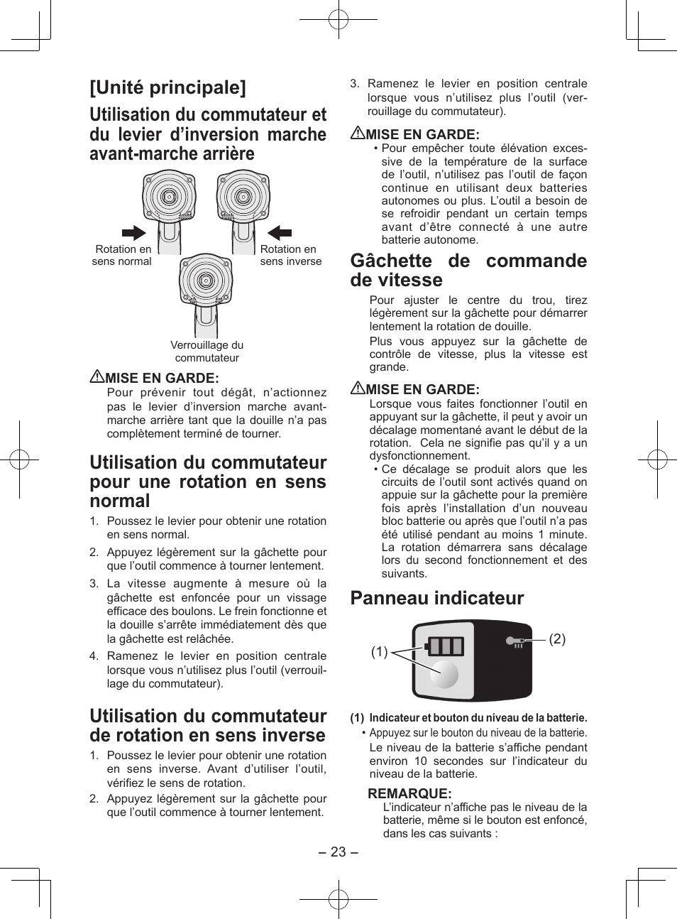 Gâchette de commande de vitesse, Panneau indicateur | Panasonic EY7552X User Manual | Page 23 / 48
