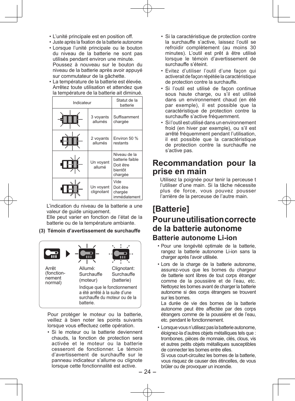 Recommandation pour la prise en main, Batterie autonome li-ion | Panasonic EY7552X User Manual | Page 24 / 48