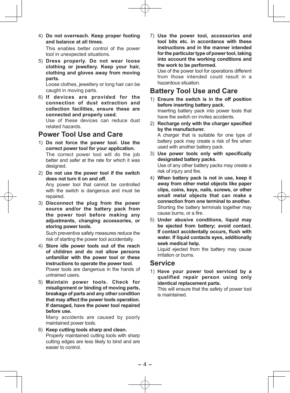 Power tool use and care, Battery tool use and care, Service | Panasonic EY7552X User Manual | Page 4 / 48