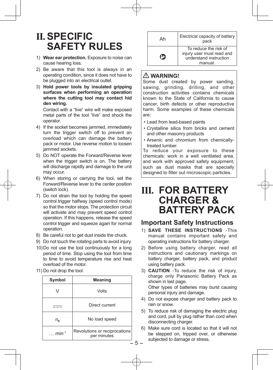Ii. specific safety rules, Iii. for battery charger & battery pack, Important safety instructions | Panasonic EY7552X User Manual | Page 5 / 48