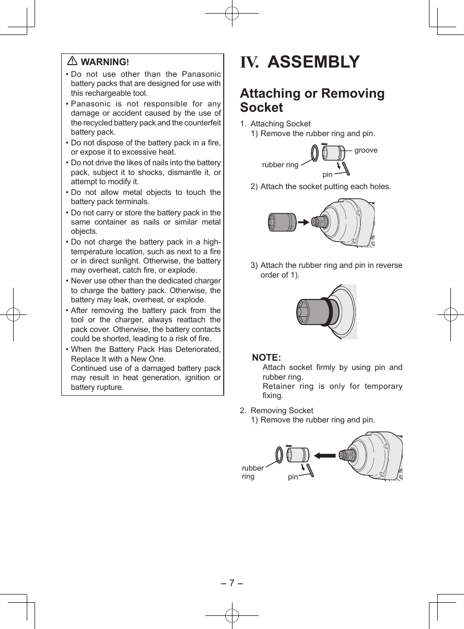 Iv. assembly, Attaching or removing sock et | Panasonic EY7552X User Manual | Page 7 / 48