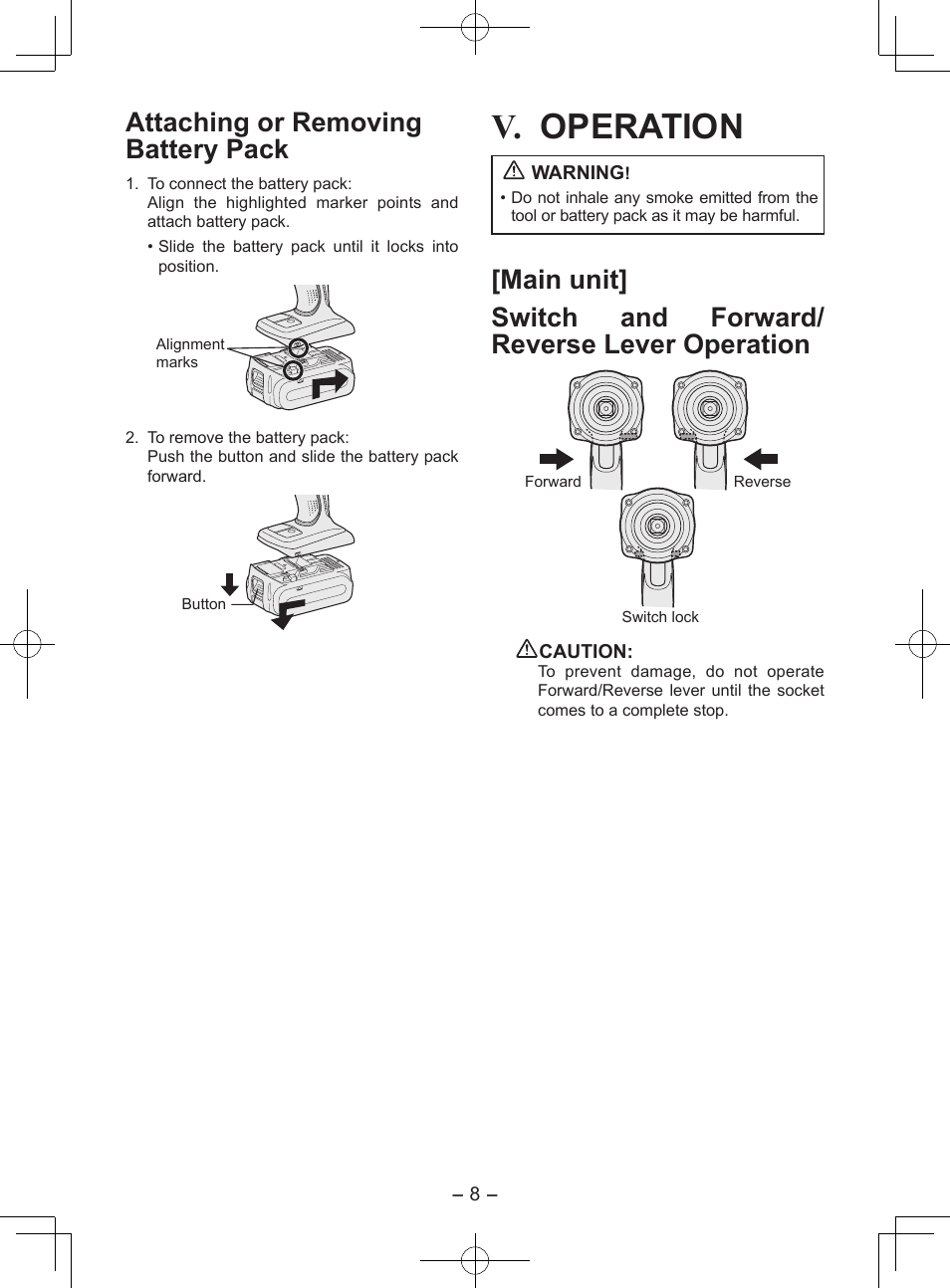 Operation, Attaching or removing bat tery pack | Panasonic EY7552X User Manual | Page 8 / 48