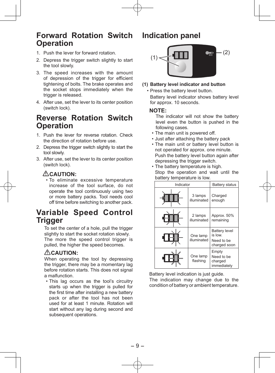 Forward rotation switch operation, Reverse rotation switch operation, Variable speed control trigger | Indication panel | Panasonic EY7552X User Manual | Page 9 / 48