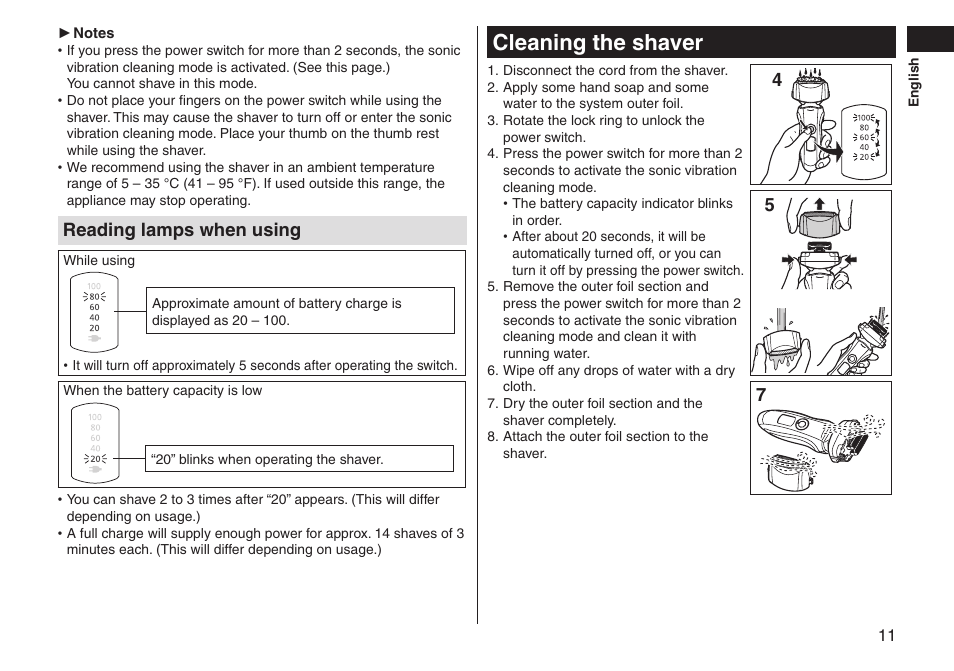 Cleaning the shaver, Cleaningtheshaver, Readinglampswhenusing | Panasonic ES-LT33-S User Manual | Page 11 / 44