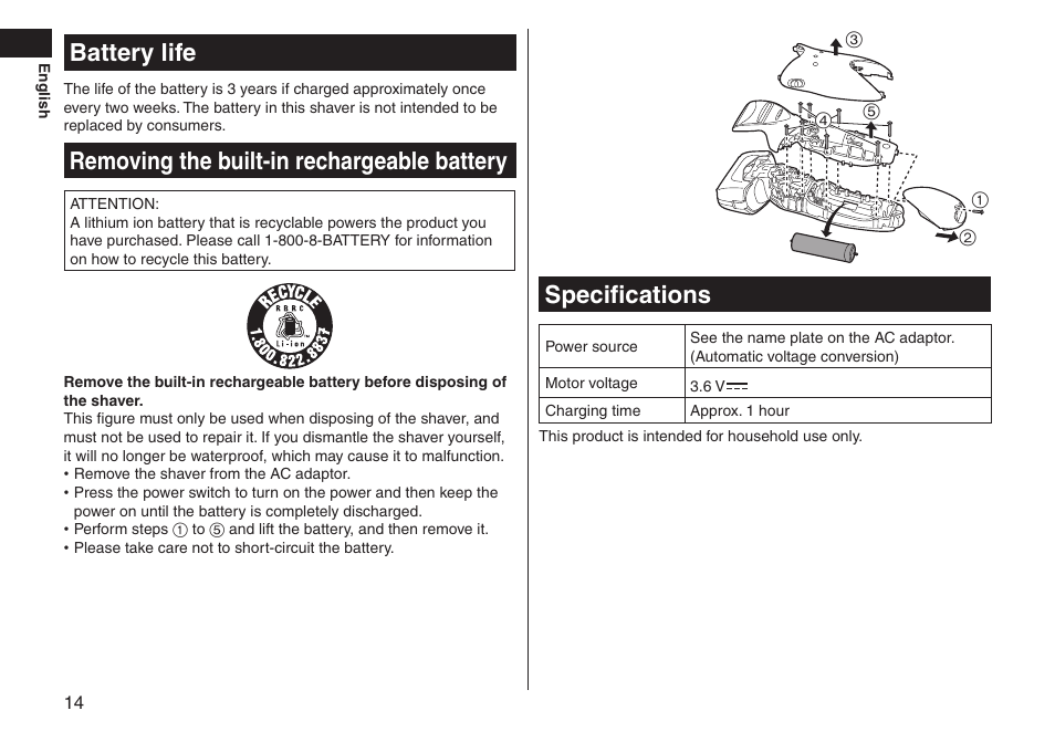 Battery life, Removing the built-in rechargeable battery, Specifications | Batterylife, Removingthebuilt-inrechargeablebattery | Panasonic ES-LT33-S User Manual | Page 14 / 44